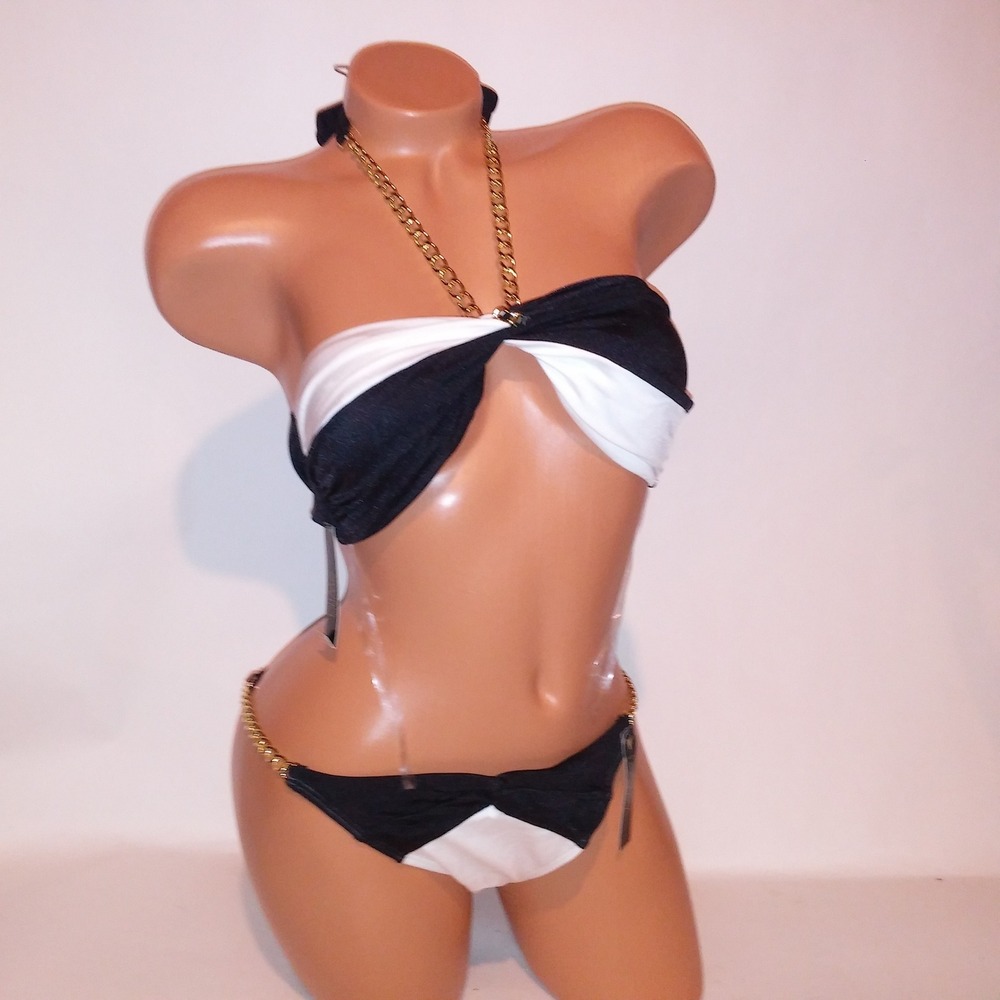 Victoria Secret Swim Bikini Medium Top & Bottom Black White Colorblock Chain New